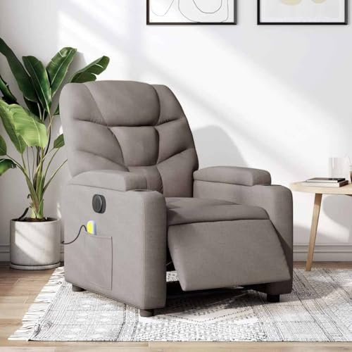 ACAGALA Fernsehsessel Massagesessel Elektrisch, Verstellbarer TV Sessel mit Liegefunktion, Fußteil, 6-Punkt-Vibrationsmassage, USB-Anschlüsse, Einzelsofa Liegesessel aus Leinenstoff, Braun Taupe
