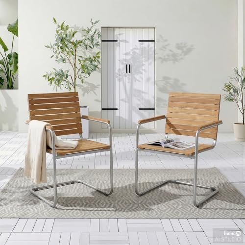 home24 Freischwinger 2er-Set aus Teak in Braun/Silber, Gebürsteter Edelstahl mit naturbelassenen Holzleisten, Ergonomische Sitzmöbel für den Außenbereich