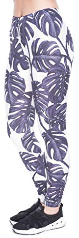 FUTURO FASHION - Damen Sportleggings - lang & elastisch - ideal für Yoga, Fitness & Joggen - FFCP - Schwarz-weiß mit Monstera - Einheitsgröße (passend für S, M, L)
