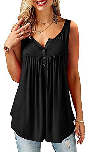 AMORETU T-Shirt Damen V-Ausschnitt Knopfleiste Bluse Solide Tunika Sommer Tops , Tanktop -Schwarz, XL/DE 50-52