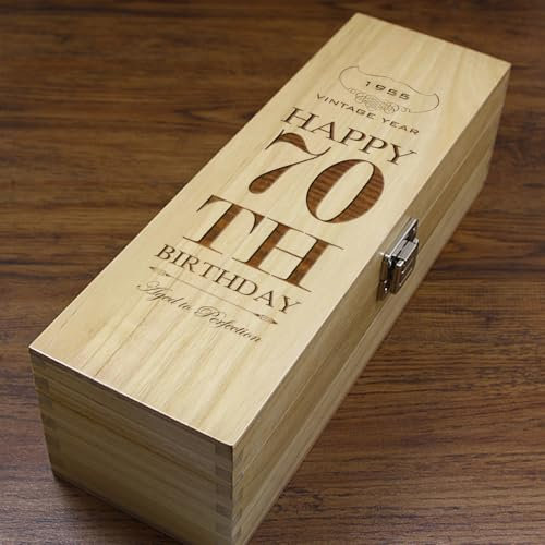 Unique Personalised 70th Birthday Gift - Luxury Wooden Wine or Champagne Box Satin Lined [HING09]