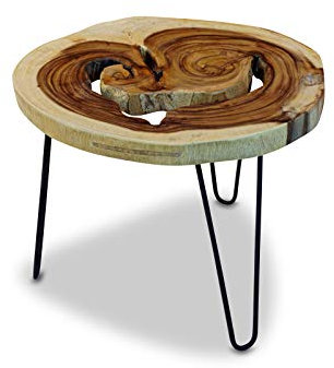 Kinaree Couchtisch LAEM PHO IX - Sofatisch mit Metallbeinen - Beistelltisch Baumscheibe Akazie Massivholz - 45x40x50-60cm Suar Holz Beistelltisch