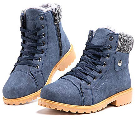 Hitmars Winterstiefel Damen Schneestiefel Warm Gefütterte Fraun Rutschfest Reißverschluss Schneestiefel Outdoor Wander Schnüren Plattform 6-Blau EU37