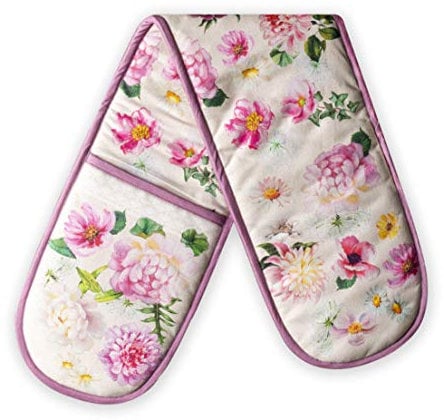 Maison d' Hermine Double Oven Mitts 100% Cotton 18 cm x 89 cm Double Oven Mitt Heat Resistant BBQ Cooking Gloves with Loop, Baking, Grilling, Home, Kitchen, Handling Hot Pans Spring Summer (Pivoine)