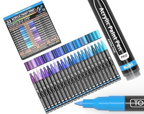 Acrylic Paint Pens 22 Blue & Purple Tones Assorted Pro Colour Series Markers Set 0.7mm Extra Fine Tip for Rock Painting, Glass, Mugs, Wood, Metal, Canvas, Projects, Non Toxic, Waterbased, Quick Drying