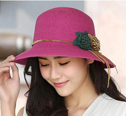 Sonnenhut Strohhut Hut Damen Sonnenhut Frauen Mit Breiter Krempe Blumenhüte Perlenblumen Floppy Visiere Weiblich Elegante Strandkappen Sonnenschutzhut-Rose_Red
