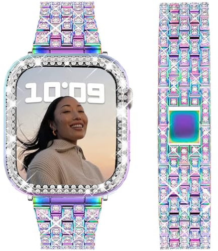DEALELE Bands and Case Compatible with Apple Watch Series 9/8 / 7 (41mm), Bling Rhinestone Diamond Metal Strap with Protective Case Cover Replacement for iWatch 41mm Women Men (Rainbow)