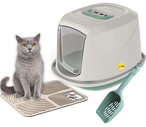 CAT CENTRE Jumbo Green Hooded Kitten Litter Tray +Waste Scoop +Tray Mat Set Carbon Filter Large Cat Toilet Pet Box Loo Pan Starter Pack Portable Swing Flap Door Carry Handle Galaxy Easy Cleaning