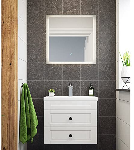 Lomadox Badezimmer Waschplatz weiß Hochglanz Landhausstil 60 cm breit mit LED Spiegel und Keramik Waschbecken, B/H/T: ca. 60/52/36 cm