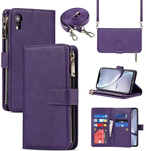Cavor Crossbody iPhone XR Case With Card Holder With Strap,Flip Leather Wallet Case,[9 Card Holder] Zipper Detachable Lanyard Phone Case Cover for Women for iPhone XR - Purple