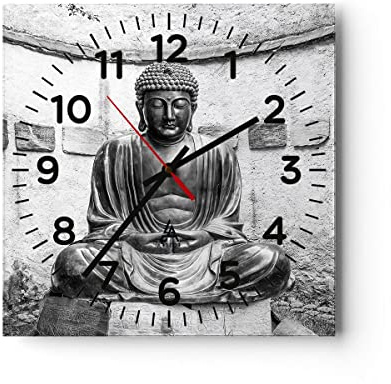 Modern Wanduhr Japanisch Buddha Statue 30x30cm Quadrat Klein Wand Uhr Glas Analog Zimmeruhren Küche Büro Wohnzimmer Glasuhr Wall Clock Dekoration Design Wanddekoration Küchenuhr C4AC30x30-4329