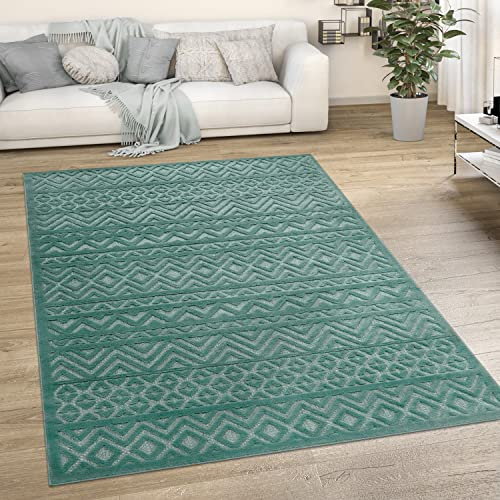 Paco Home Outdoor Teppich Wetterfest Balkon Boho Wohnzimmer Küche Skandinavisch Muster Einfarbig 3D Effekt Modern, Grösse:160x220 cm, Farbe:Türkis