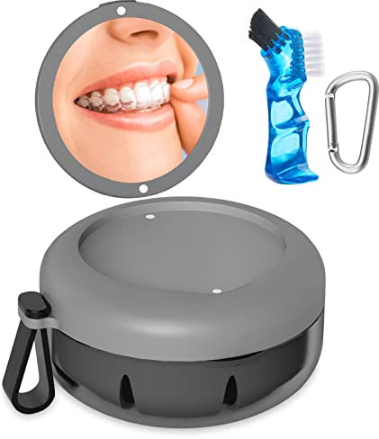 SEANCHEER Boite Gouttiere Dentaire Portable, Boite Appareil Dentaire, Boite a Dentier Adulte avec Brosse à Dent et Miroir, Boite Dentier avec Panier de Bain de Bouche (Gris)