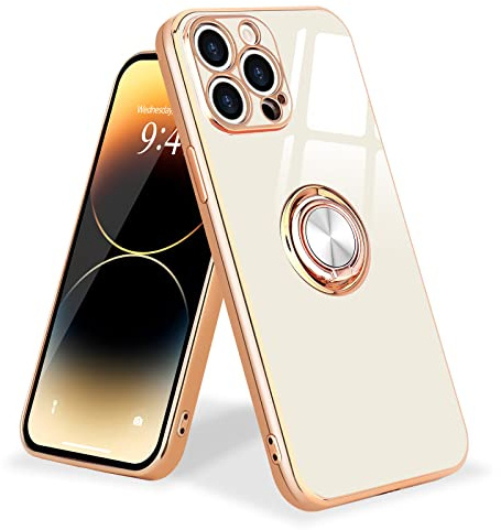 Urarssa Magnetic for iPhone 14 Pro Case with Ring Holder Kickstand, White | 360 Degree with Rotation Magnet Car Mount Holder Slim Soft Silicone TPU Bumper Electroplated Edge Shockproof Phone Cover