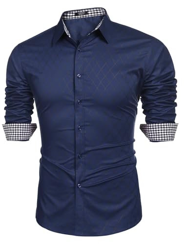 COOFANDY Chemise Homme Manches Longues Slim Fit Chemise à Carreaux Chemise Traditionnelle Casual Hommes Chemises Bleu XL