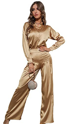 Abito in raso manica lunga due pezzi camicia donna vestito allentato casual tinta unita vestito oro rosa L