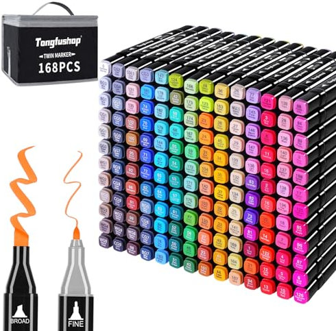 Tongfushop 168+2 Farben Filzstifte, Doppelte Spitze Marker Stifte Set, 2 Sekunde Schnell Trocknende Sketch Permanent Alkoholmarker mit Schwarzer Tragetasche und Abstandshalter für Malerei, Design