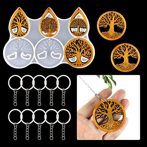Zayookey Schlüsselanhänger Silikonform, Baum des Lebens Epoxidharz Formen, Anhänger Gießform Keychain Resin Mold mit Löchern mit 10 Tastenringen für DIY Basteln Hängende Ornamente Schmuck