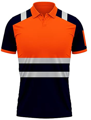 Mens New Hi Vis High Visibility Safety Work Wear Short Sleeve 2 Tone Contrast Polo Shirts Top S-2XL Orange Navy