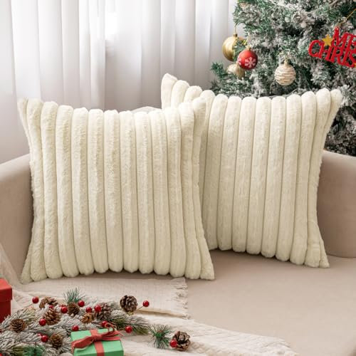 MIULEE Plüsch Samt Kissenbezug Kissenbezüge Kunstpelz weich Moderne Sofakissen Dekokissen Glatter Reißverschluss Waschbar Dekokissen Kissenhülle für Wohnzimmer Sofa 2er Set 50x50 cm Beige