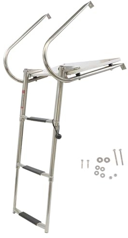 WFLNHB Stainless Steel 3 Step in-Board Outboard Transom Platform Dock Ladder with Handrails Marine Telescoping Boat Ladder Collapsible Step Ladder Replacement for Swimming Pool Pontoon Dock
