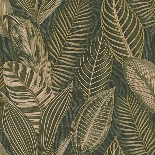 Rasch Tapete 751826 - Grüne Vliestapete mit großen Blättern in Grün und Gold Metallic aus der Kollektion African Queen III