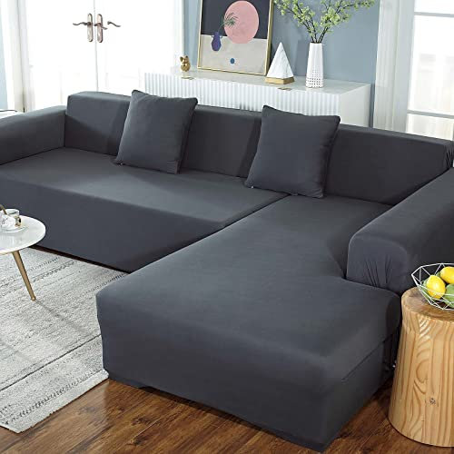 Yidaxing Sofa Überwürfe Sofabezug Elastische Stretch Sofabezüge für L-Form Sofa Abdeckung mit 2 Stücke Kissenbezug(Grau, 1 Sitzer + 2 Sitzer)