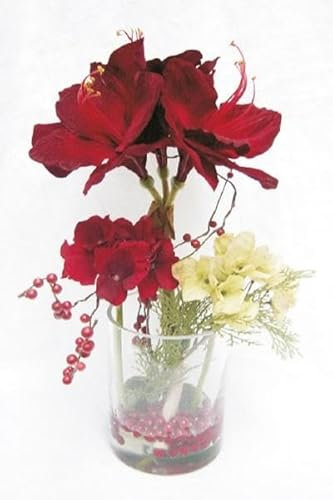 artplants.de Kunstblumen Gesteck Amaryllis, Hortensie Tashi, Dekoglas, rot-Creme, 40cm, Ø23cm - Künstliches Blumenarrangement