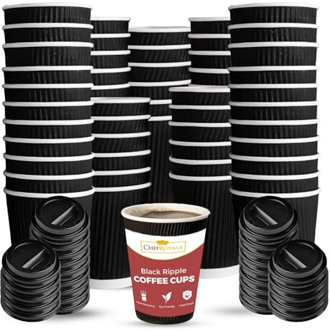 CHEF ROYALE 30x 16oz Black Ripple Disposable Coffee Cups Without Lids -Insulated Triple Walled Takeaway Coffee Cups-Disposable Cups for Hot and Cold Drinks for Christmas,Birthdays Parties (30, 16oz)