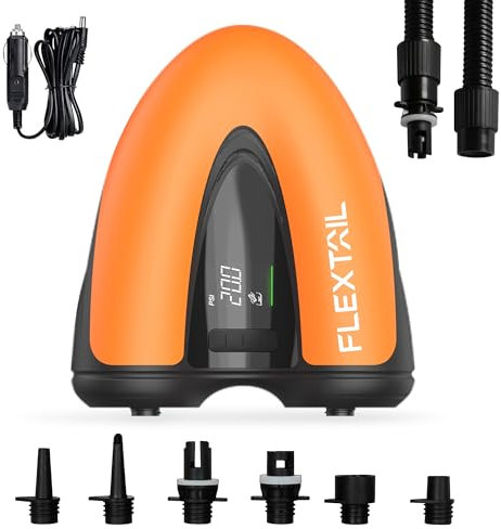 FLEXTAILGEAR EVO SUP PUMP Lite, Pompa ad aria elettrica 20 PSI, 12V DC, Auto-Off, Gonfiatore Rapido a Doppio Stadio e Auto-Off per Paddleboard, Wing Foil e Kite, Materasso, Barche