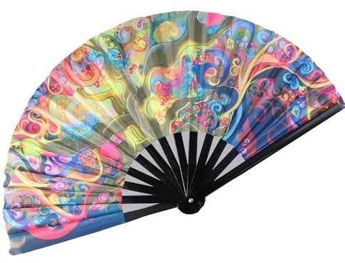 Benytro Carnival Festival Hand Stain Fan Large Bamboo Silk Folding Fan Cool Reflective Fan Printing Fan Satin Bamboo Bone Fan Gift Wedding Dance Supplies(UV fluorescence 6)
