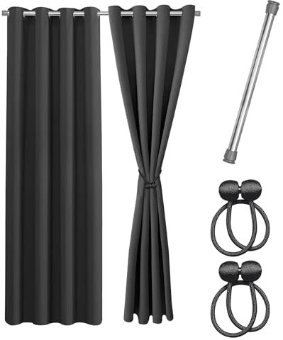 Cozyor Praktisches Set ohne Bohren: 2X Vorhang + 1x Klemmstange Silber 111-200 cm + 2X Raffhalter mit Magnet Blickdicht & verdunkelnd, als Raumteiler, Fenster & Tür Anthrazit Thermovorhang 220x135cm