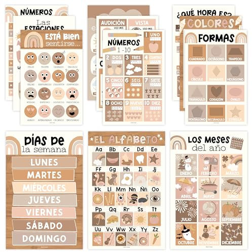 12 Boho-Klassenzimmer-Dekorationen – Spanische Klassenzimmer-Poster, Elementar, spanische Poster für Klassenzimmer, Poster in spanischem Alphabet, Abecedario Para Niños En Español, Spanische