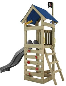 Outgarden Spielturm Klettergerüst Captain Jolly aus KDI-Holz | Spielhaus mit Grauer Rutsche | mit Sandkasten, Leiter & Kletterwand | Outdoor Stelzenhaus für Kinder und Garten | 313 x 156 x 258 cm