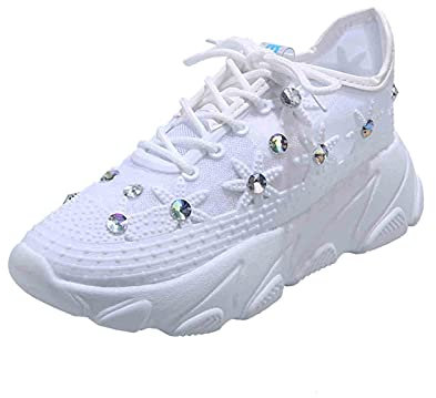 BOTCAM Mesh-Strass Lace-up Platform Hohlplattform- mit Mesh-Heels für Frauen Orientalische Schuhe Damen (White, 40)