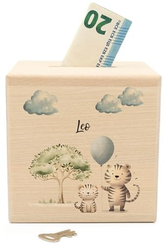 Geschenkfreude Spardose personalisiert mit Namen aus Holz - 10x10cm Holzspardose mit Schloss - UV-Druck Spardosen mit Namen - Taufgeschenke für Junge/Mädchen - Geschenk zur Geburt - Tiger