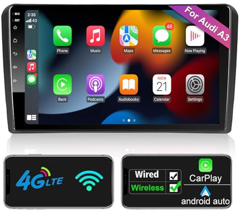 Android Autoradio CarPlay & Android Auto für Audi_A3 S3 RS3 2GB+32GB 9 Zoll QLED Bildschirm AM FM RDS Radio WiFi Bluetooth Autoradio mit Navi Bluetooth Freisprecheinrichtung