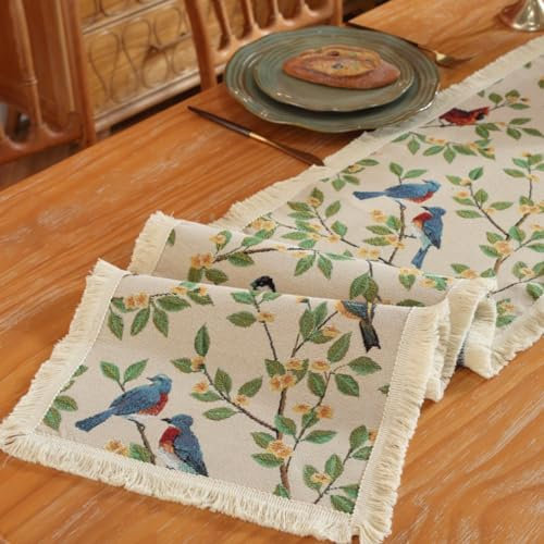Viusneun Makramee Tischläufer, Tischband mit Quasten Landhausstil Vintage Tischdeko Boho Bauernhaus Table Runner für Partys Hochzeit Geburtstage Weihnachten (Vogel,30 x 200 cm)