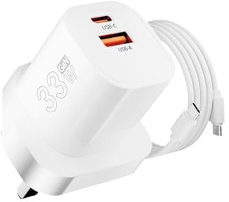 GOLDNEXT USB C Plug 33W GaN UK Charger 2 Port PPS Fast Charging PD 3.0&QC4 with 3.3ft USB C Cable Compatible with iPhone 16/15/14 Pro Max, iPad Pro/Air/Mini, Galaxy S24/S23, Pixel 9/8/7 Pro