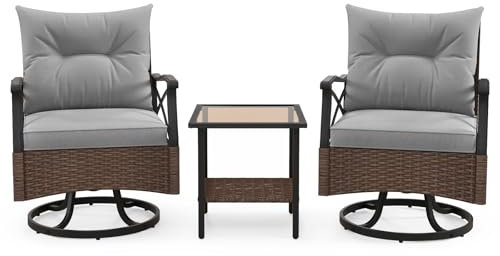 LIFEZEAL Fauteuils Bascules & Pivotants avec Coussin Confortable, Salon Jardin Extérieur en Rotin PE pour 2 Personnes, Table Basse en Verre, Ensemble Mobilier Terrasse Balcon Patio, Charge 180kg