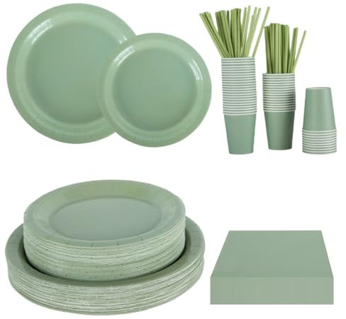 CEILIWEN Lot de 250 Assiettes en Carton et Serviettes de Table - 22,9 cm et 17,8 cm, Gobelets, Pailles pour 50 Invités - Vert Sauge
