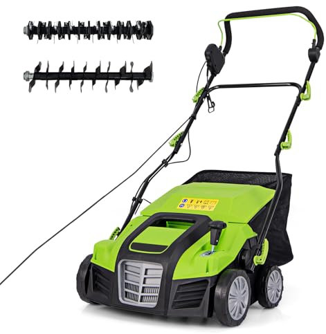 GOPLUS 2 en 1 Déchaumeuse Scarificateur Electrique 2000W, 5 Profondeurs Réglables & 3 Hauteurs de Poignée, 55L Sac de Collecte Amovible, Râteau Electrique Pliable pour Pelouse (Vert)