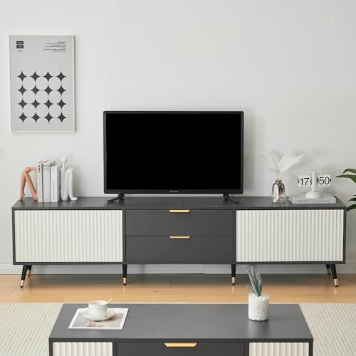 BTM Meuble TV Bas avec 2 Tiroirs et 2 Portes, Rangement et Système de Gestion des Câbles, 200x40x50 cm, Gris