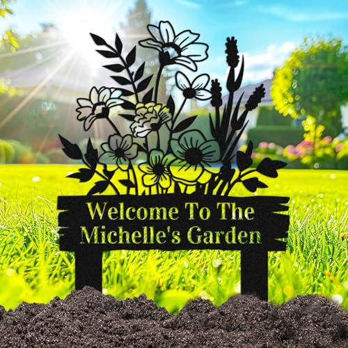 Custom Flowers Garden Sign with Stakes, Personalized Metal Flowers Garden Stake Yard Sign Outdoor Lawn Decor Sign