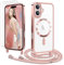 Ethanger Handyband für iPhone 16 Hülle mit Band + 2 Stück Glas Schutzfolie Transparent Silikon Handyhülle Magnetische Schutzhülle Case zum Umhängen Kordel für iPhone 16 Rosa