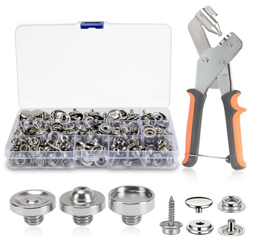 Luabue 80 Sets Snap Fastener Tool Heavy Duty Snap Button Fastener Kit 15MM with 3 Dies Metal Snaps Poppers Fasteners Adjustable Snap Setter Tool for Boat Cover Canvas Tarp Curtain Leather