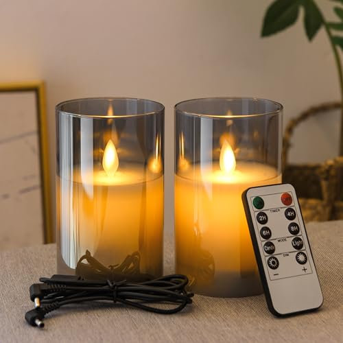 FiiMoo 2-Pack USB-Rechargeable LED Candles | Grey Glass Design with Realistic Flicker Flame | 24h Timer&Remote Control | Battery-Free | Flameless LED Candles for Halloween, Christmas | 12.5 cm Height