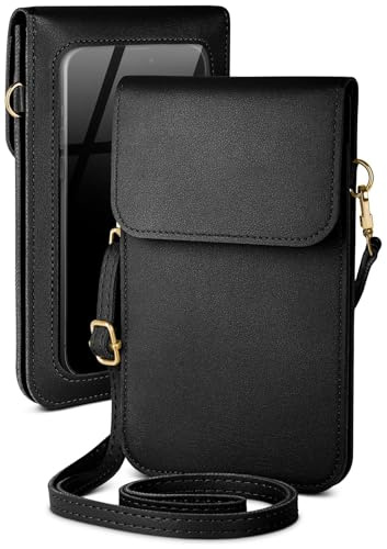moex Handytasche zum Umhängen für Emporia SMART.6 Lite kleine Handtasche mit Handyfach und Sichtfenster, 2 extra Fächer Mini PU Leder Handy Umhängetasche Damen CitySling, Schwarz