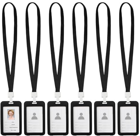 Lot de 6 Porte Badge avec Fenêtre Double Face vertical en plastique rigide Porte Carte Noire Avec Cordon Tour De Cou pour Cartes d'Identité de Bureau et d'École Cartes de Crédit Cartes de Proximité