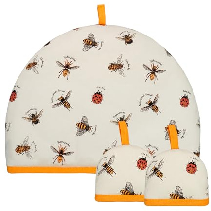 Tea Cosy and Egg Cosy Set of 3 – One Tea Cosy with Two Egg Cosies, Brown Bee & Ladybug Print, 100% Cotton Teapot Insulated Cover, Cute Breakfast Kitchen Accessories